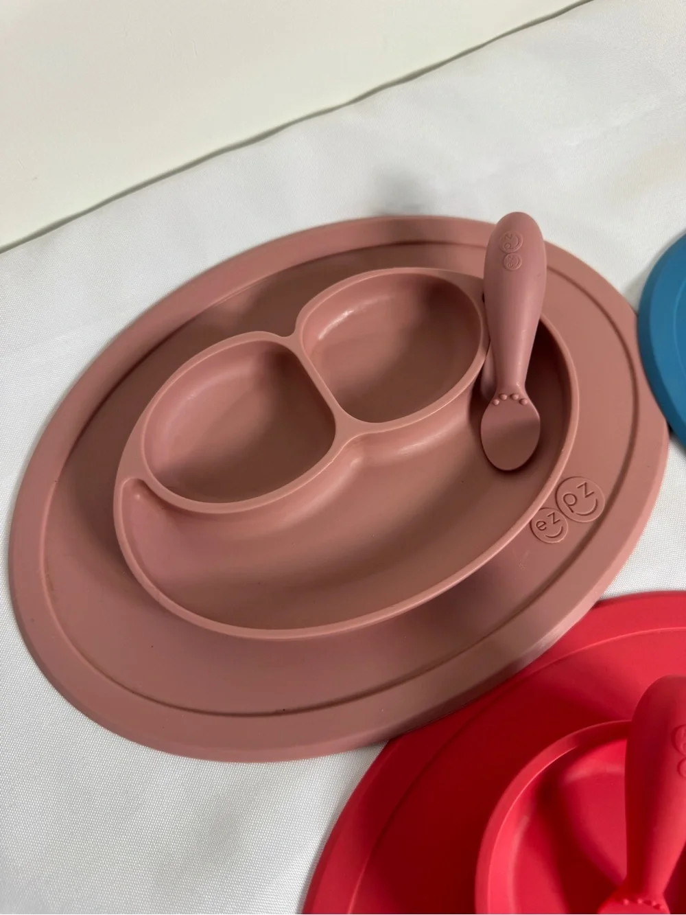 EzPz Silicone Suction Toddler Plate with Spoon Pink, Blue